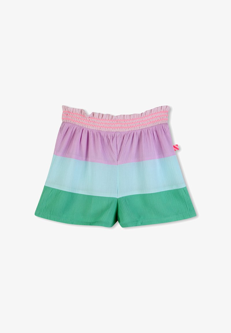Meisjesshorts met elastische taille met horizontale kleurvlakken in roze, paars, lichtblauw en groen, gemaakt van gekreukte stof.
