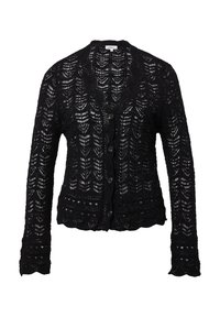 Black cardigan made of lace with a leaf pattern, featuring buttons down the front and scalloped edges on the sleeves and hem.