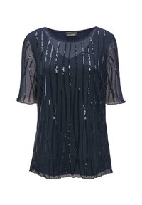 Donkerblauwe top met korte mouwen, voorzien van verticale sequined strepen en een doorschijnende overlay. Gladde textuur met een ronde halslijn.