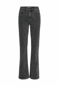 Jeans de mezclilla negros acampanados con una cintura alta, que cuentan con dos bolsillos frontales y un cierre de botón clásico. Textura suave con un desgaste mínimo.