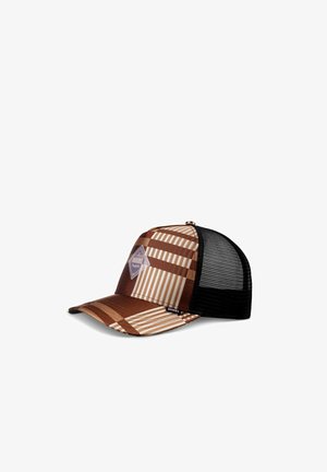 Brown and beige plaid cap with a mesh back, featuring a diamond logo patch and a curved brim. Patterns include wide and narrow stripes.