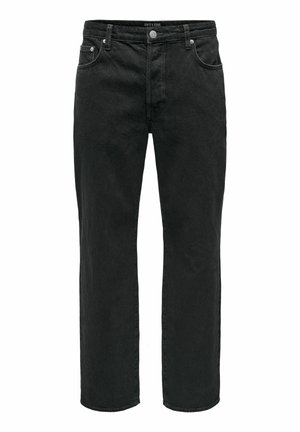 Svarte denimjeans med rett snitt, med knapping og glidelås, fem lommer og en teksturert stoffoverflate.