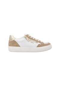 Sneakers feature a white textile upper with tan suede accents, gold hardware, and a rubber sole. Design includes laces and a side zipper.