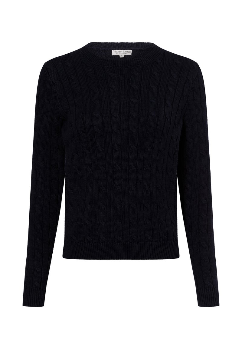 Navyblauer Strickpullover mit Kabelmuster, Rundhalsausschnitt und langen Ärmeln. Rippbündchen und -saum. Aus weichem Textilmaterial gefertigt.