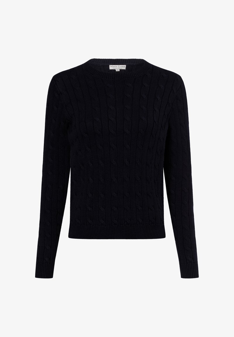 Navyblauer Strickpullover mit Kabelmuster, Rundhalsausschnitt und langen Ärmeln. Rippbündchen und -saum. Aus weichem Textilmaterial gefertigt.