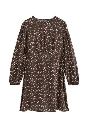 Abito marrone a maniche lunghe con piccola stampa floreale bianca, scollatura rotonda, polsini elastici e leggero arricciatura in vita.