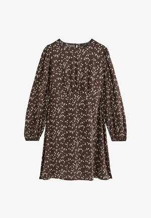 Brązowa sukienka z długim rękawem w drobny biały kwiatowy wzór, z okrągłym dekoltem, elastycznymi mankietami i lekkim marszczeniem w talii.