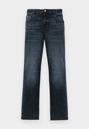 Mörkblå denimjeans med rak benform, med knappknäppning fram, femficksdesign och subtilt blekt mönster på låren.