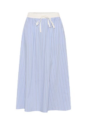 Gaiši zils svārku audums ar vertikālām baltām un bēšām svītrām, elastīgs jostasvietas gumijs un aukliņa. A-veida siluets, garums līdz ceļiem, viegls audums.