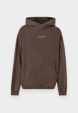 Brown, fleece-lined hoodie with a front pocket and the text "URTRN" in white. Features a classic hood and ribbed cuffs.