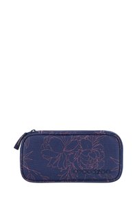 Navy pencil case with floral pink line design, zip closure, and embossed logo. Rectangular shape with a smooth, textured fabric finish.
