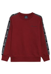 Felpa bordeaux realizzata in tessuto morbido, con scollo rotondo, maniche lunghe e strisce nere a contrasto con il logo lungo i lati.