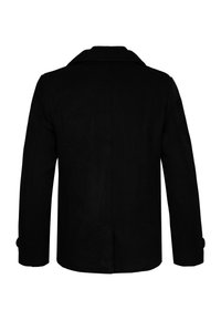 Abrigo de lana negra con mezcla de tejidos, con un cuello clásico, mangas largas y detalles de botones. Presenta una textura suave y un diseño estructurado y entallado.