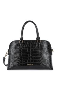 Sac à main noir en cuir gaufré crocodile avec poignées doubles, quincaillerie dorée et bandoulière amovible. Texture lisse avec une forme structurée.