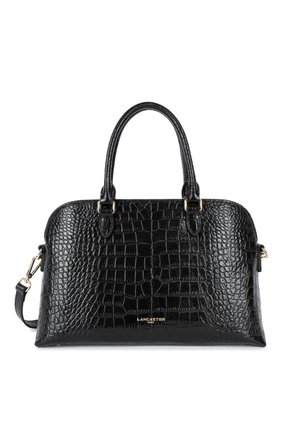 Black crocodile-embossed handbag with dual handles, gold-tone hardware, and a detachable shoulder strap. Smooth texture with structured shape.