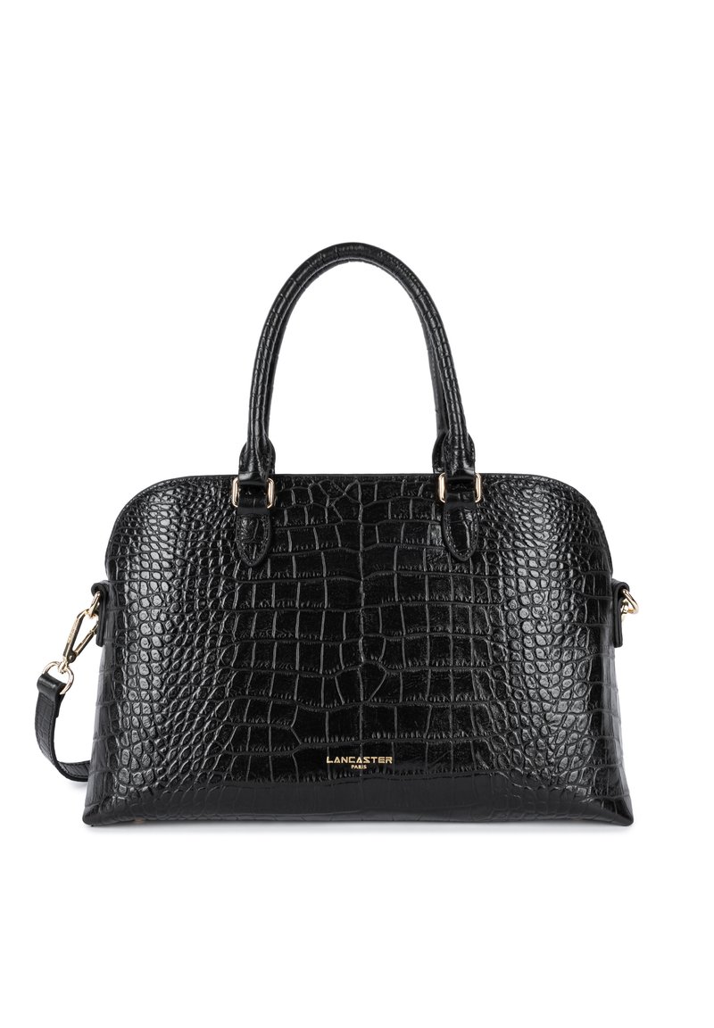 Sac à main noir en cuir gaufré crocodile avec poignées doubles, quincaillerie dorée et bandoulière amovible. Texture lisse avec une forme structurée.