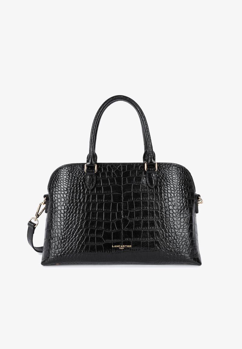 Sac à main noir en cuir gaufré crocodile avec poignées doubles, quincaillerie dorée et bandoulière amovible. Texture lisse avec une forme structurée.