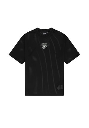 Schwarzes Mesh-T-Shirt mit kurzen Ärmeln, das ein Raiders-Logo auf der Brust trägt. Der Stoff hat eine atmungsaktive, durchlöcherte Textur.