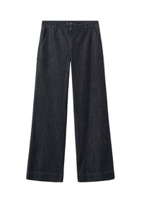 Pantalon en denim foncé à jambes larges avec une texture lisse, poches avant, passants pour ceinture et coupe droite s'étendant jusqu'à la cheville.