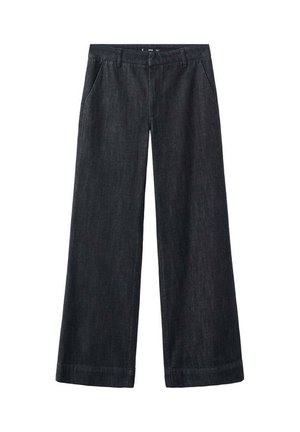 Pantalon en denim foncé à jambes larges avec une texture lisse, poches avant, passants pour ceinture et coupe droite s'étendant jusqu'à la cheville.