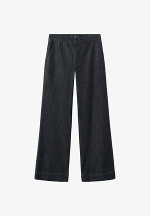 Pantalones de mezclilla oscura de pierna ancha con textura suave, bolsillos delanteros, trabillas para cinturón y corte recto que llega hasta el tobillo.