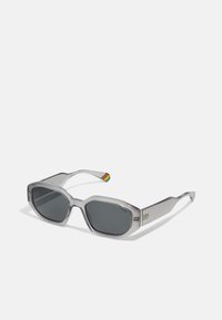 Gafas de sol grises transparentes con lentes hexagonales, tintados de gris oscuro, que presentan un pequeño acento de arcoíris en la patilla y herrajes de plata pulida.