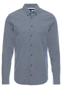 Camicia da uomo a maniche lunghe con bottoni, in tinta unita blu navy e bianco con un piccolo motivo a rombi e un piccolo logo sul petto sinistro.