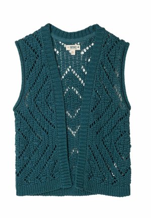 Vesta fără mâneci, tricotată, culoare verde albastră, cu model ajurat în formă de diamant și bordură canelată, etichetată mărimea UK 12 EU 40 US 8.