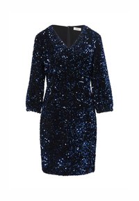 Blaues Paillettenkleid mit dreiviertel Ärmeln, V-Ausschnitt, taillierter Silhouette und einem verdeckten Reißverschluss auf der Rückseite. Reichhaltige, strukturierte Oberfläche.