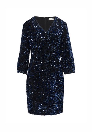 Blue sequin dress with three-quarter sleeves, V-neckline, fitted silhouette, and a concealed back zipper. Rich, textured surface.