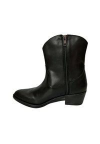 Botín negro de cuero hasta el tobillo con puntera redondeada, cremallera lateral y tacón apilado de 1.5 pulgadas. Diseño elegante con detalles de costura mínimos.