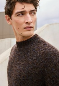 Bruine gebreide trui met een ronde halslijn en korte mouwen, met subtiele blauwe spikkels. Zacht, donzig materiaal.