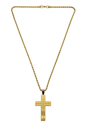 Goldfarbener Kettenhalsreifen mit einem polierten goldenen Kreuzanhänger und einem zentralen Diamantakzent. Dekoratives, gedrehtes Kettendesign.