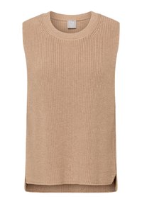 Beiges ärmelloses Stricktop mit Rundhalsausschnitt, gerippter Struktur, seitlichen Schlitzen und lockerem Sitz. Mit einem minimalistischen Markenetikett.