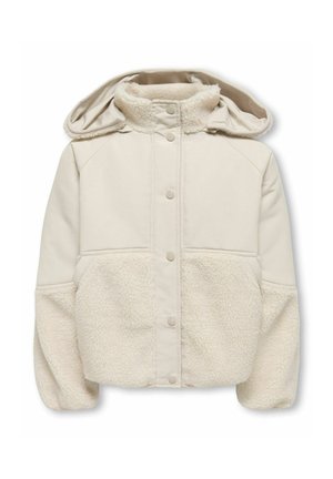 Cream-colored hooded jacket with snap buttons, combining smooth fabric on top and soft fleece on lower body and sleeves.