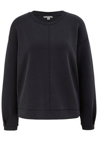 Sweat-shirt noir à manches longues avec col rond et couture centrale visible à l'avant, confectionné dans un tissu doux avec une coupe décontractée.