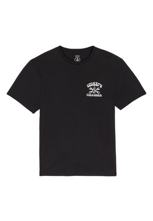 Zwarte katoenen t-shirt met een ronde hals en korte mouwen. Bevat witte grafische tekst en design op de bovenste linkerborst.
