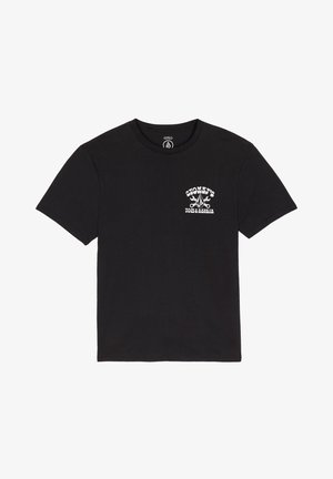 Zwarte katoenen t-shirt met een ronde hals en korte mouwen. Bevat witte grafische tekst en design op de bovenste linkerborst.