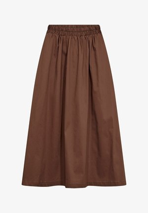 Barna midi szoknya elasztikus, ráncolt derékrésszel és A-vonalú sziluettel, sima anyagból készült.