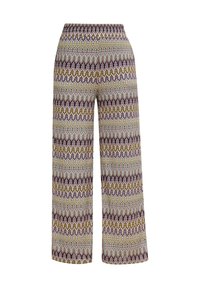 Pantalon à jambes larges avec taille élastique, arborant un motif zigzag multicolore et feuilles dans des tons pastel et terreux.