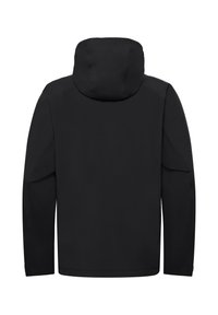 Schwarze Kapuzenjacke mit glatter Textur, geradem Schnitt und langen Ärmeln. Verfügt über einen nahtlosen Rücken ohne sichtbare Hardware oder Akzente.