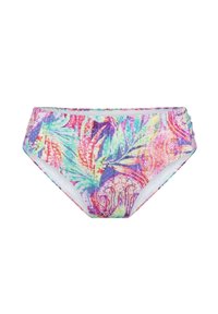 Bikini spodky s multibarevným vzorem, který zobrazuje tropické listy v odstínech růžové, modré a zelené. Měkká tkanina, středně vysoký střih.