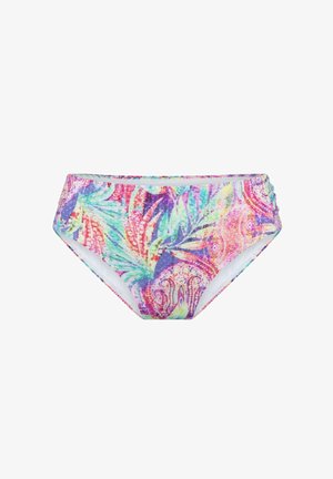 Bikini inferior con un patrón multicolor que presenta hojas tropicales en tonos de rosa, azul y verde. Tejido suave, diseño de altura media.