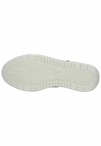 Sole in gomma con superficie bianca e texture. Presenta scanalature e motivi in rilievo per la trazione. Logo circolare visibile al centro.