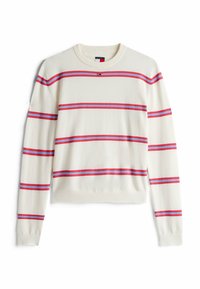 Pull à col rond blanc avec des rayures horizontales rouges et bleues, logo de petite taille au centre de la poitrine, manches longues et poignets côtelés.
