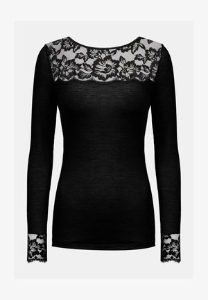 Zwarte langekleurige top met ribbelstructuur en bloemenkant accenten bij de halslijn en manchetten. Stevige stofontwerp, aansluitende silhouet.