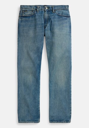 Lyseblå denimjeans med rett ben, utstyrt med fem lommer, knappelukking og subtil falming for tekstur.