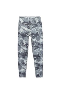Grå og hvide marmor leggings lavet af strækbart stof, med en høj talje og en glat tekstur. Ingen synlige hardware eller accenter.