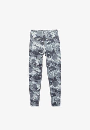 Leggings gris y blanco veteado hechos de una tela elástica, con una cinturilla alta y una textura suave. Sin hardware ni acentos visibles.