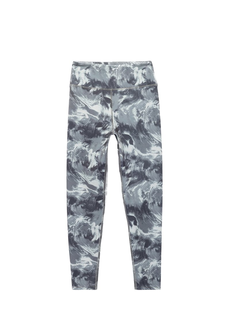 Grå og hvide marmor leggings lavet af strækbart stof, med en høj talje og en glat tekstur. Ingen synlige hardware eller accenter.